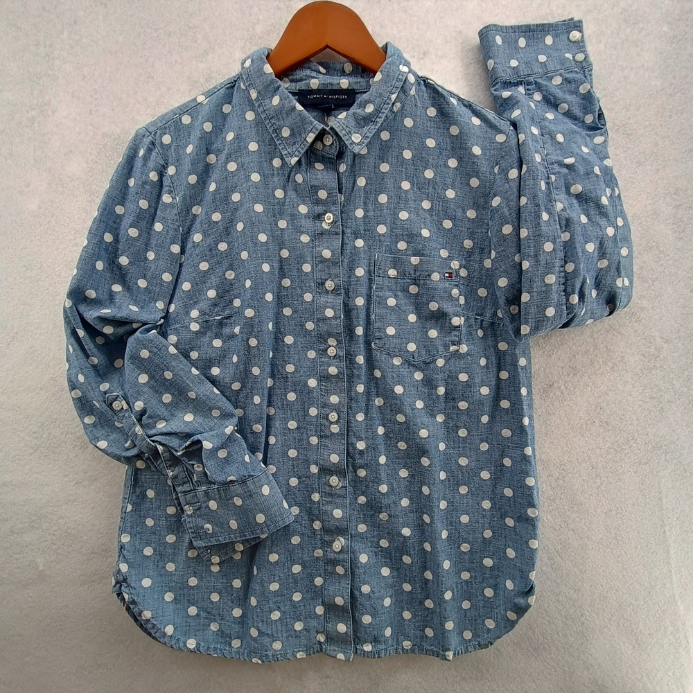 Tommy Hilfiger Button Down Shirt Womens M Blue Polka Dot Chambray Preppy Top